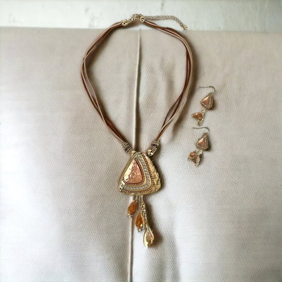 Necklace and Earring Set, Gold, Copper, Khaki, 4 Strand Brown, 20"-23" - Picture 2 of 5